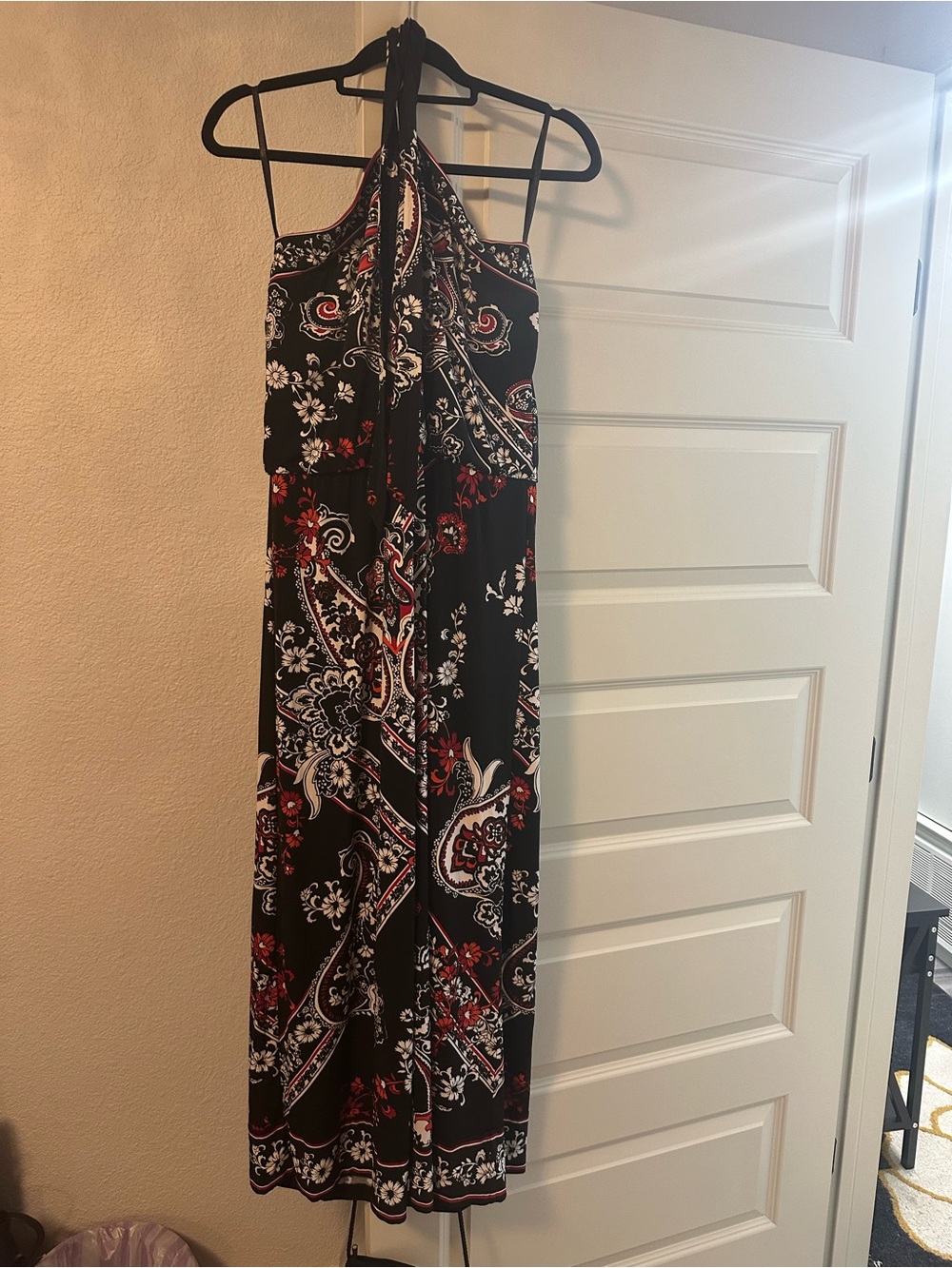 White House Black Market Black Halter Maxi Dress with Red & White Paisley Print